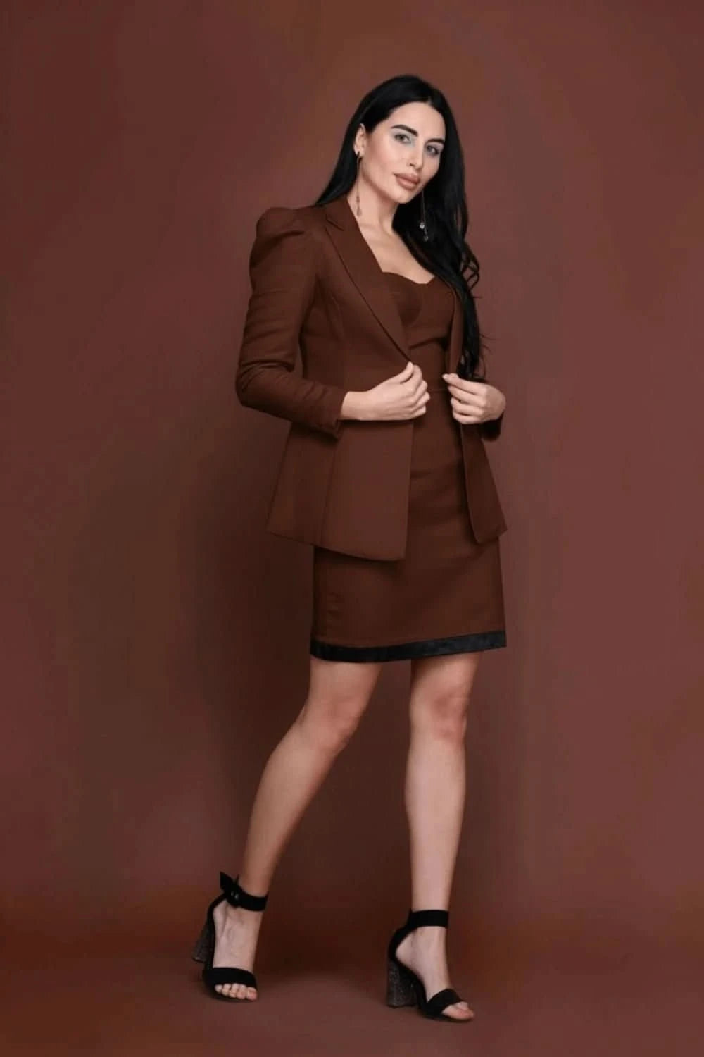 Chocolate Power Blazer Dress Ensemble - Meeami Fashion Meeami Fashion by Amit Bhardwaj Chocolate Power Blazer Dress Ensemble - Meeami Fashion Meeami Fashion by Amit Bhardwaj