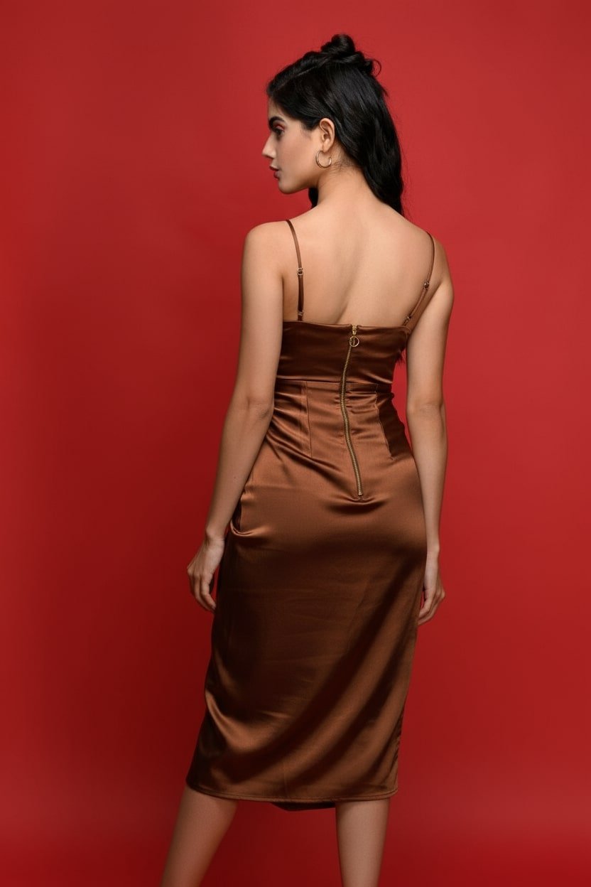 Copper Draped Satin Dress - Meeami Fashion