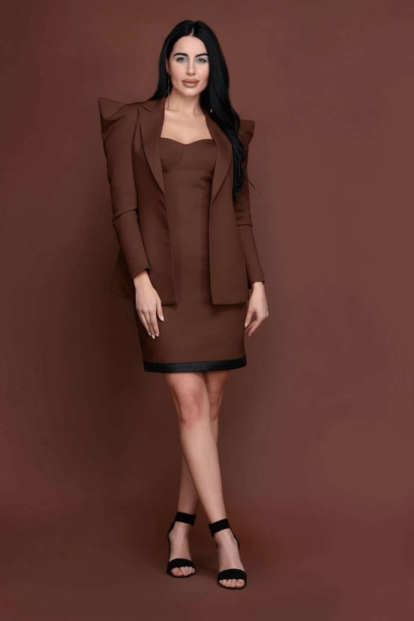 Chocolate Power Blazer Dress Ensemble - Meeami Fashion