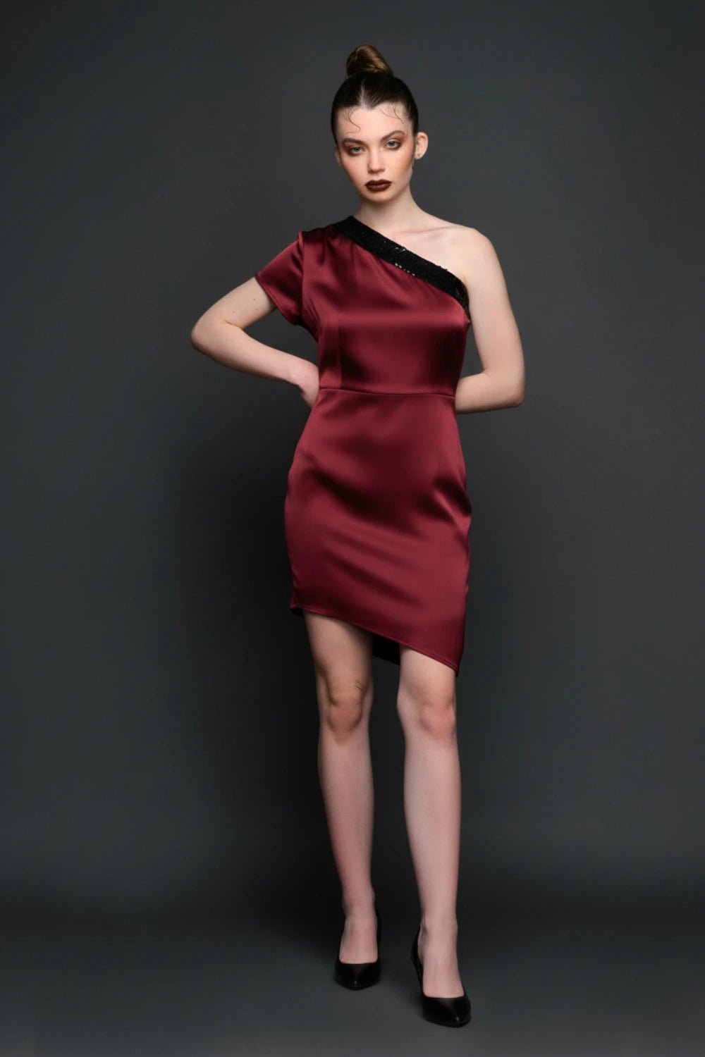 Crimson Allure One - Shoulder Statement Dress - Meeami Fashion by Amit Bhardwaj