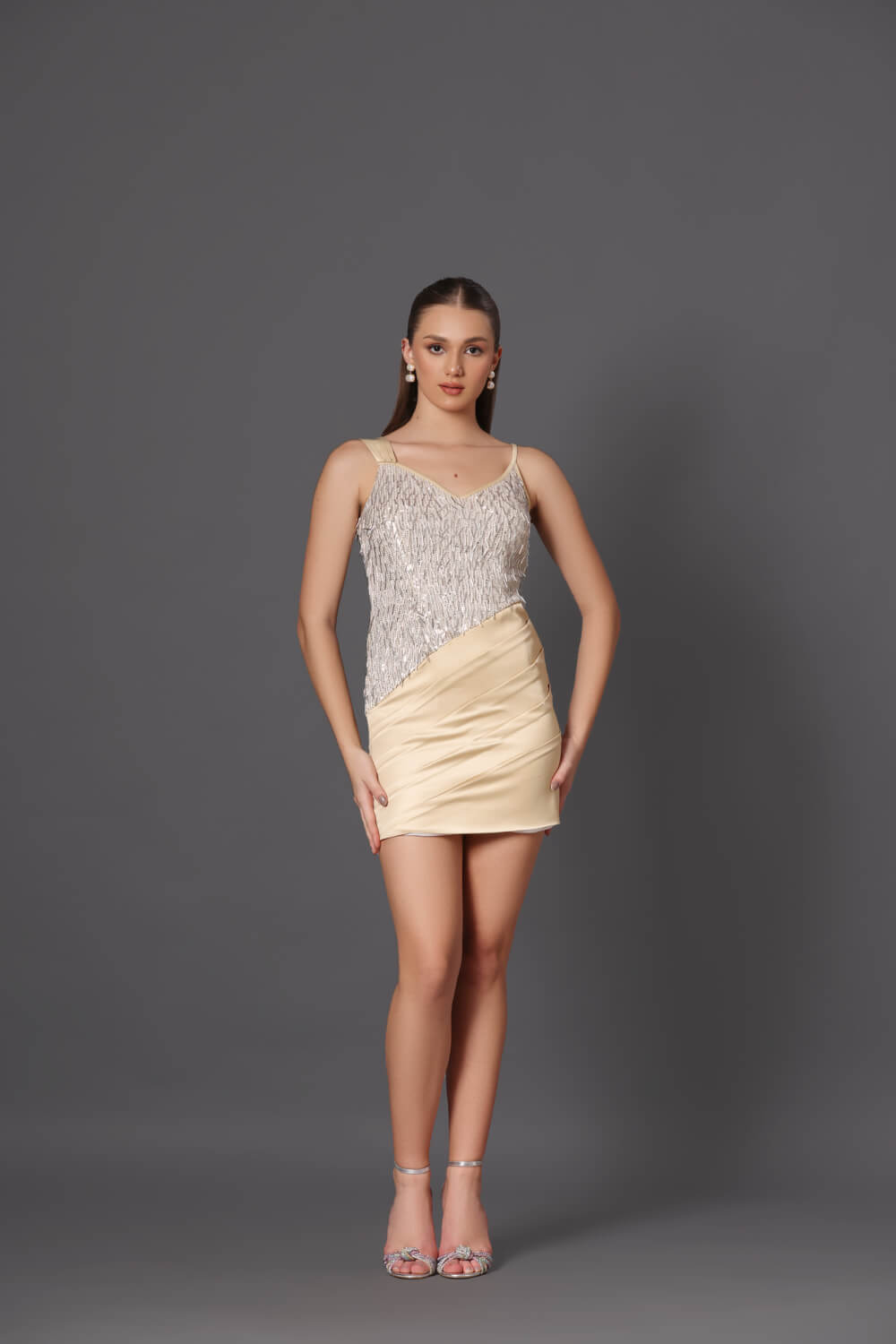 Golden Satin Fizz Dress - Satin Shimmer Elegance - Meeami Fashion