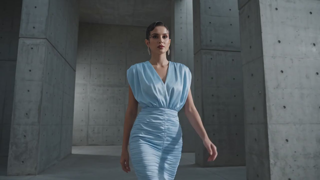 Powder Blue Satin Wrap Dress - Meeami Fashion by Amit Bhardwaj