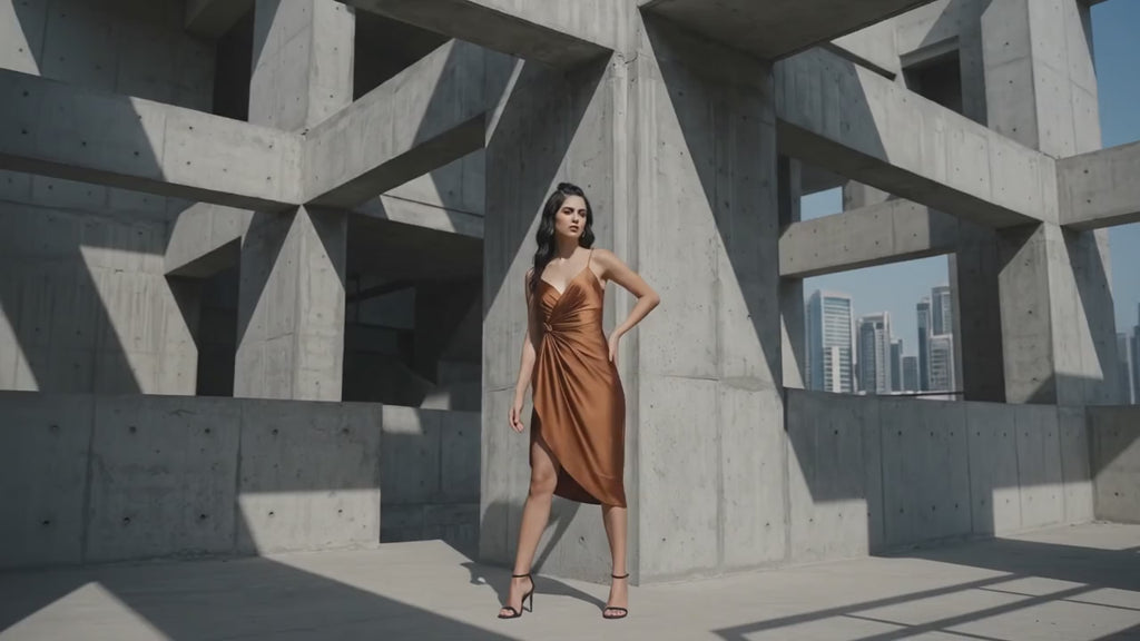 Woman in a brown dress standing in a concrete architectural setting