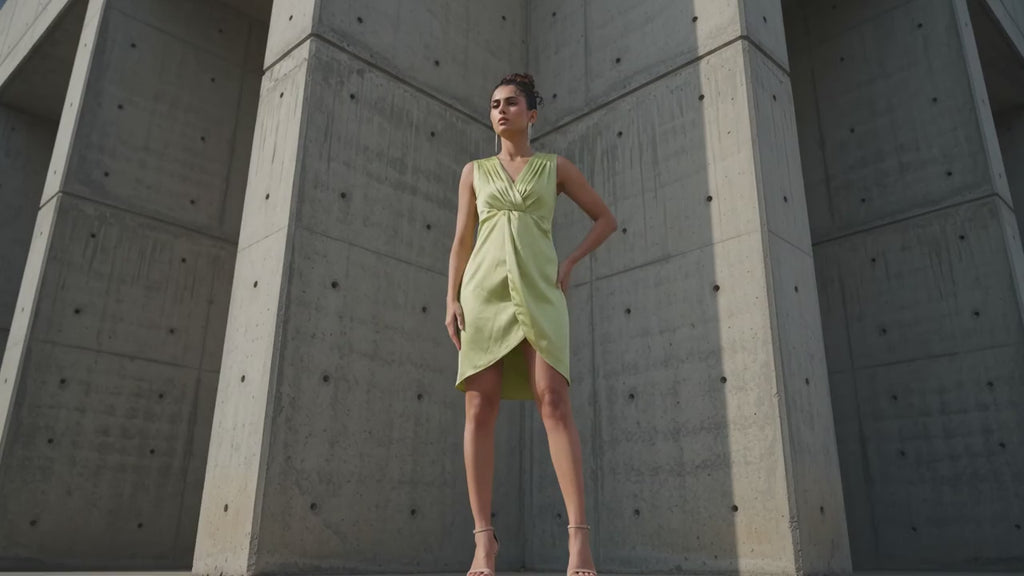 Pale Lime Satin Cocktail Dress - Meeami Fashion by Amit Bhardwaj