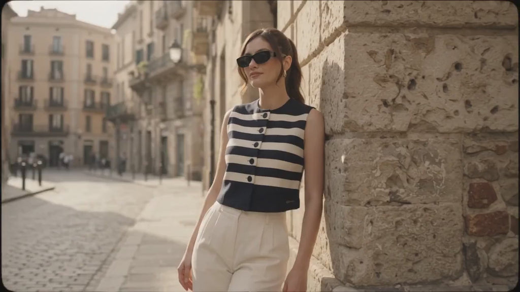 A model stands against a dark gray studio background wearing a sleeveless navy and cream striped crop top with three front buttons, paired with cream cropped trousers and nude high-heeled sandals.
