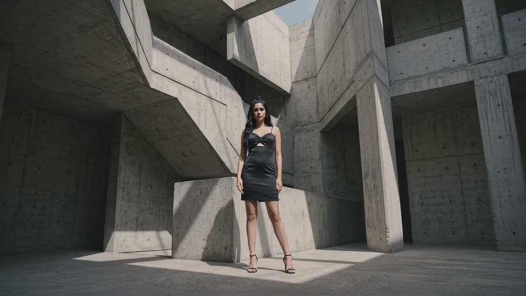 Woman in a black dress standing in a concrete architectural structure