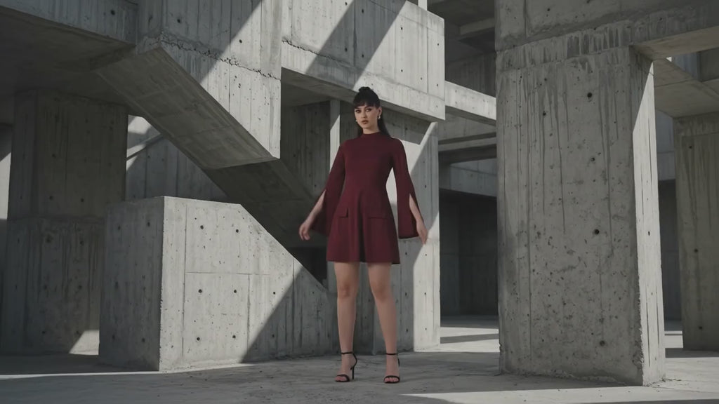 Woman wearing a burgundy dress with bell sleeves in an industrial setting