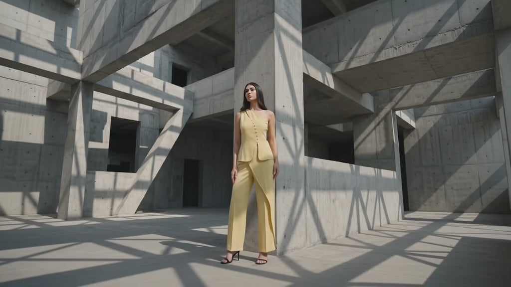 Woman in a yellow outfit standing in front of concrete architectural 