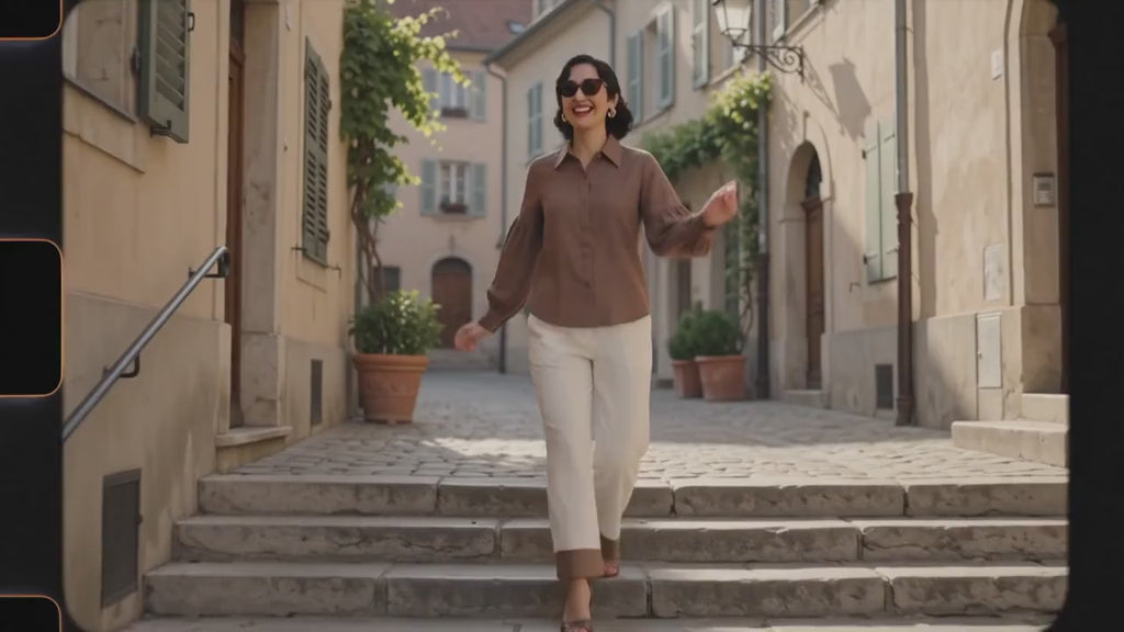 A woman leans against a concrete architectural corner wearing a brown long-sleeve button-up shirt, white wide-leg cropped pants, and brown heeled sandals.