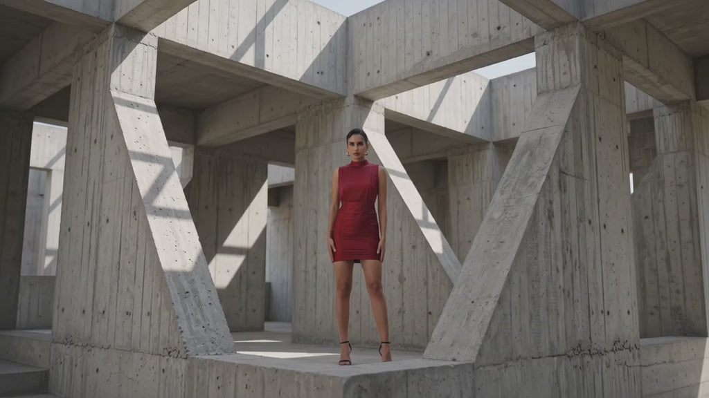 Woman in a red dress standing in a concrete architectural setting