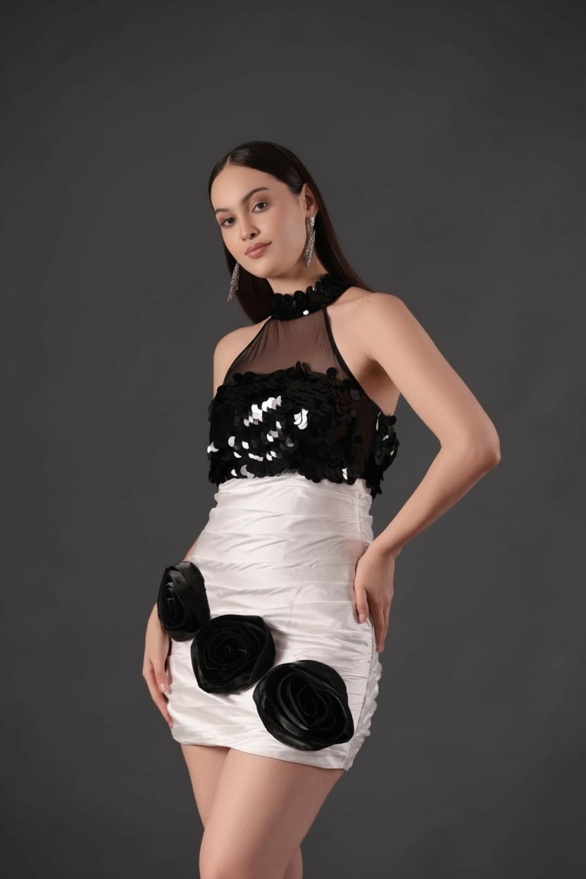 White Ivory Sequin Halter Neck Dress - Meeami Fashion