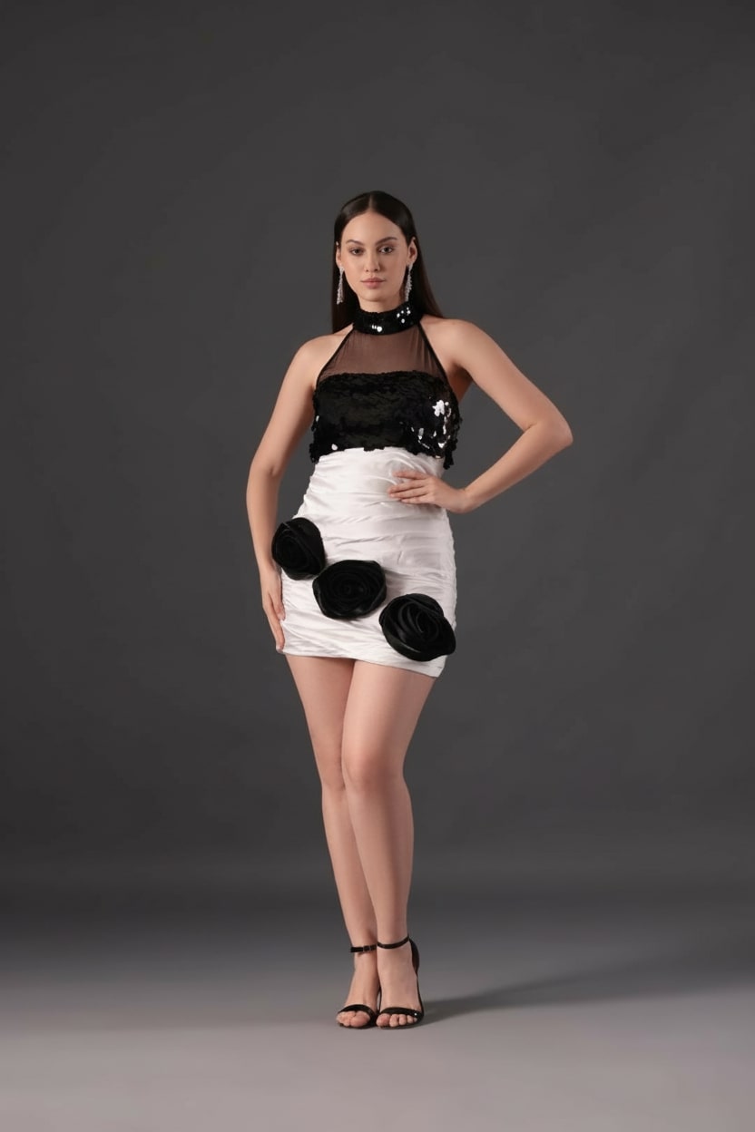 White Ivory Sequin Halter Neck Dress - Meeami Fashion